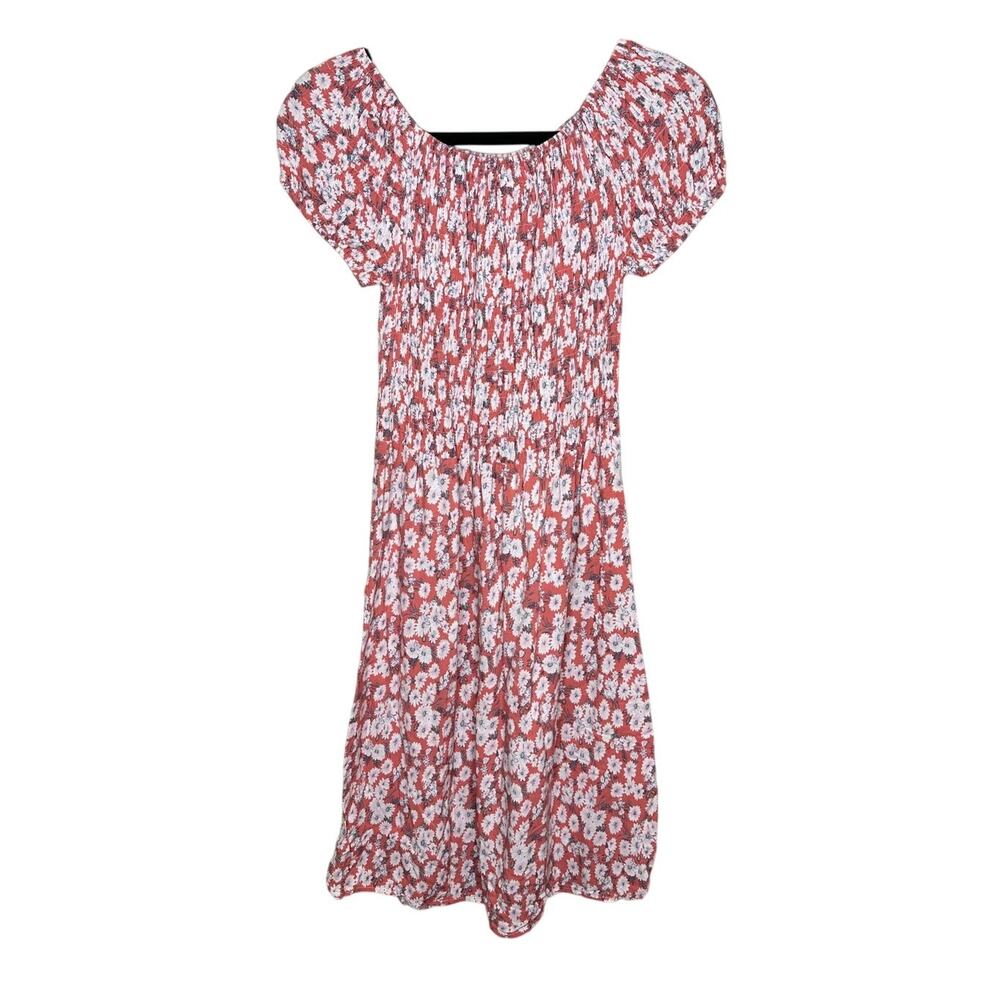 Sweet & Girl Pink Floral Midi Dress Women M Smocked Bodice Ruched Sleeve Spring